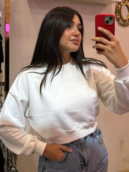 Orijinal Marka Crop Sweatshirt Taşlı